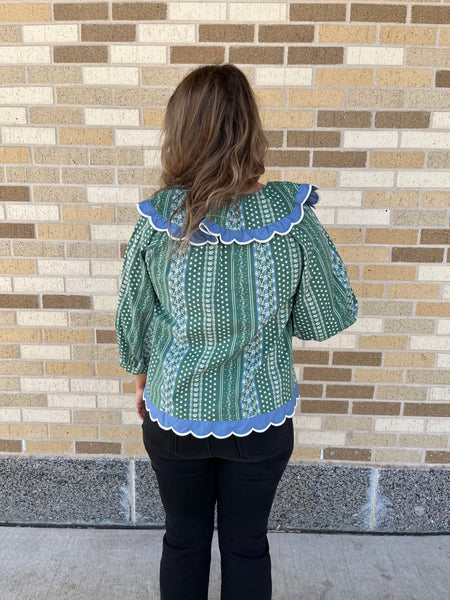 Printed V-Neck Collared Top- Forest-K. Ellis Boutique