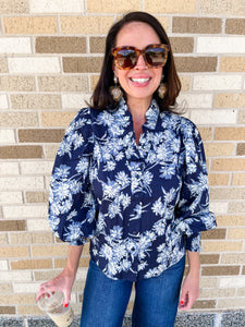 Floral Print Ruffle Neck Top- Navy-K. Ellis Boutique