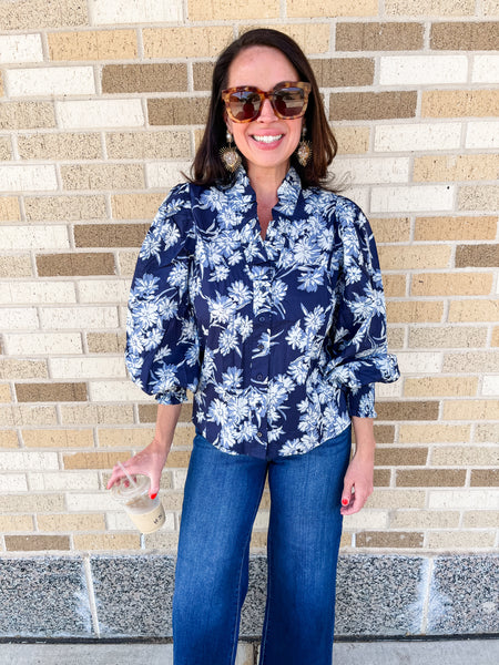 Floral Print Ruffle Neck Top- Navy-K. Ellis Boutique