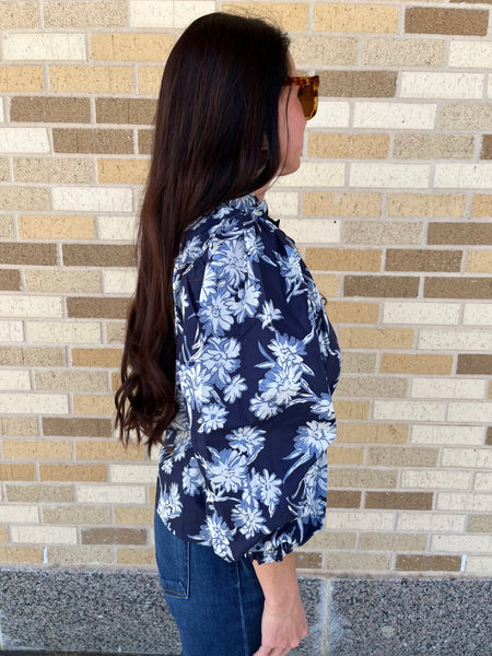 Floral Print Ruffle Neck Top- Navy-K. Ellis Boutique