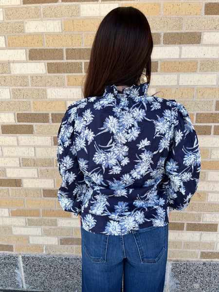 Floral Print Ruffle Neck Top- Navy-K. Ellis Boutique