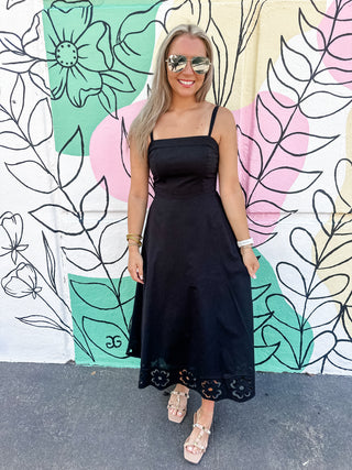Jackie Embroidered Floral Cutout Midi Dress- Black-Midi-K. Ellis Boutique