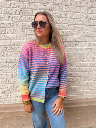 Striped Button Down Cardigan Rainbow-Cardigans-K. Ellis Boutique