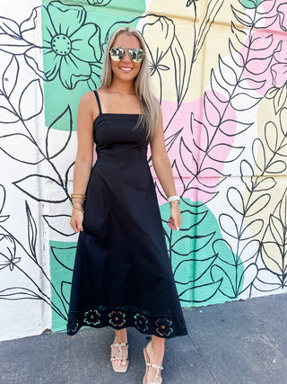 Jackie Embroidered Floral Cutout Midi Dress- Black-Midi-K. Ellis Boutique
