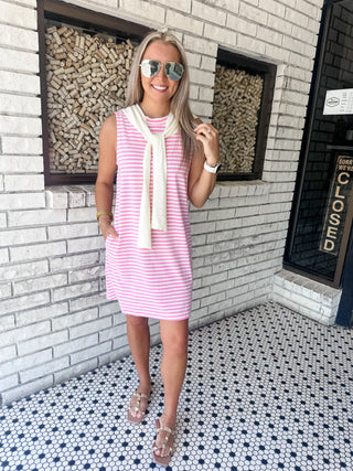 Weekend Fit Stripe Dress- Pink-Mini Dress-K. Ellis Boutique