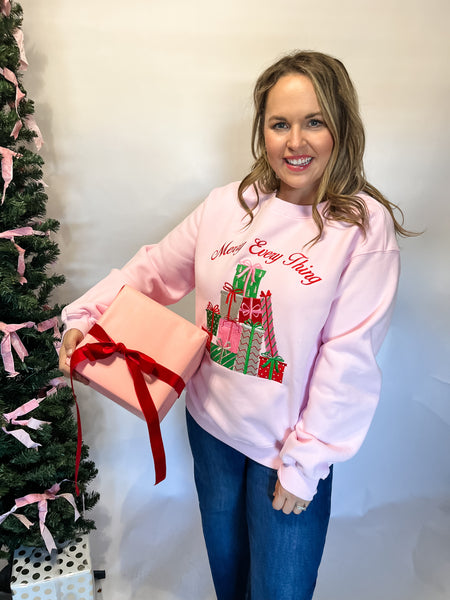 Merry Christmas Metallic Embossed Fleece Terry- Light Pink-K. Ellis Boutique