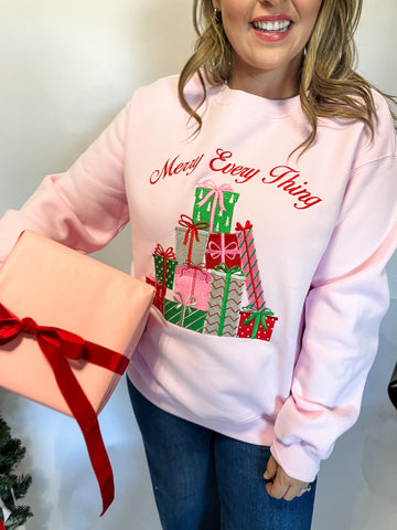 Merry Christmas Metallic Embossed Fleece Terry- Light Pink-K. Ellis Boutique