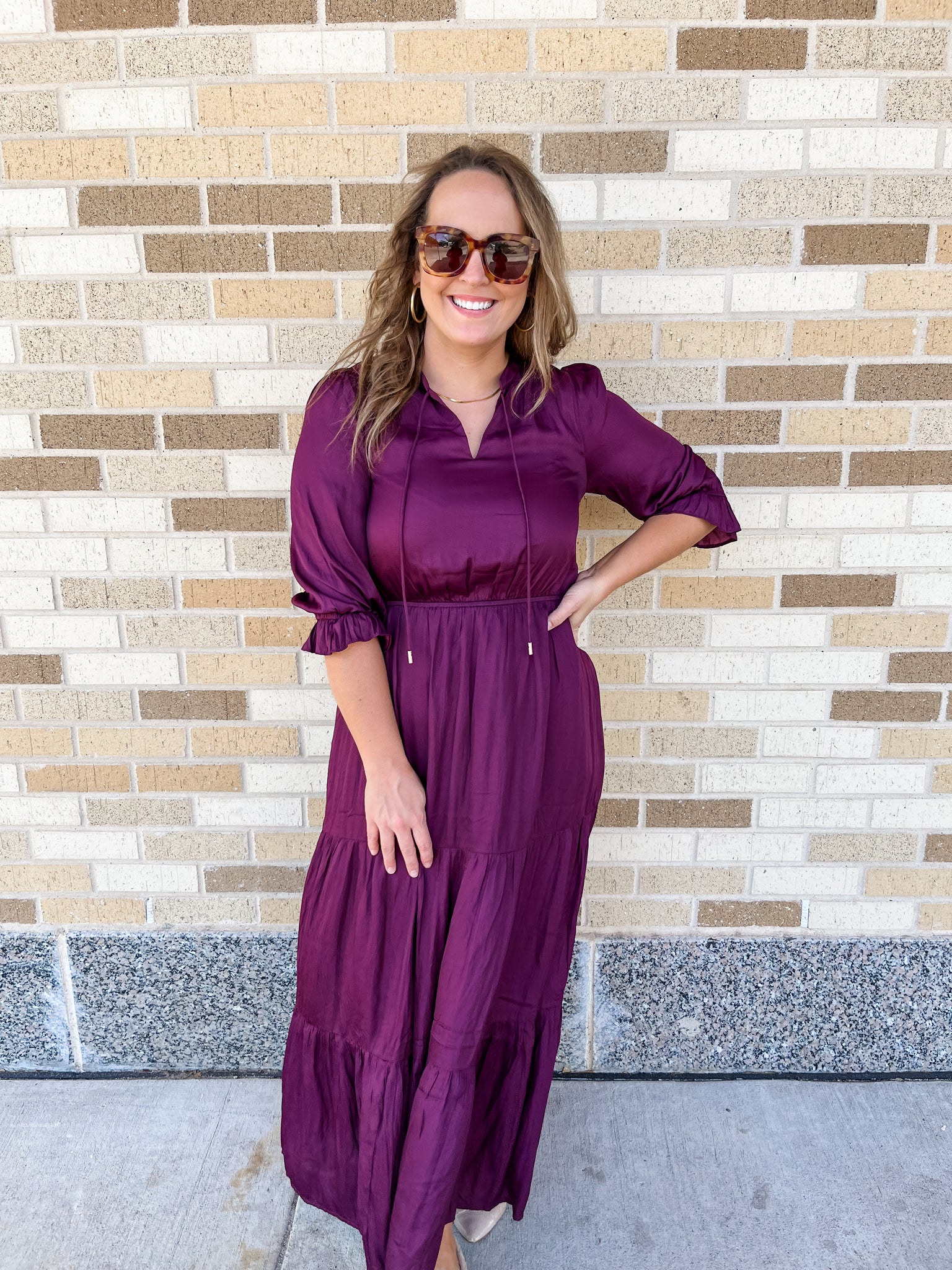 Solid Split Neck Tiered Maxi Dress - Plum-K. Ellis Boutique