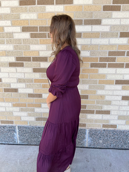 Solid Split Neck Tiered Maxi Dress - Plum-K. Ellis Boutique