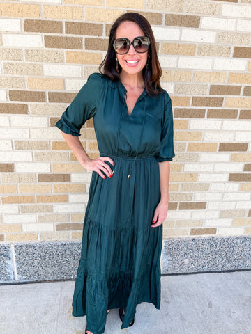 Solid Split Neck Tiered Maxi Dress - Green-K. Ellis Boutique