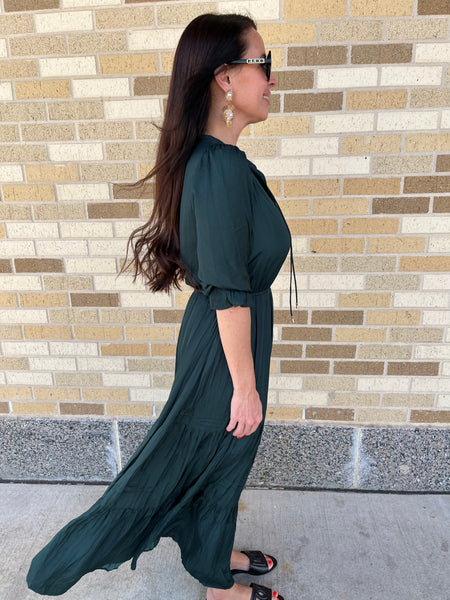 Solid Split Neck Tiered Maxi Dress - Green-K. Ellis Boutique