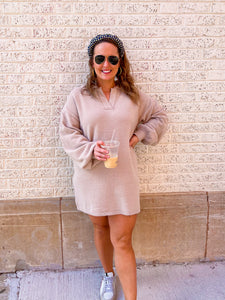 LONG SLEEVE COLLAR FUZZY SWEATER DRESS- TAUPE-K. Ellis Boutique