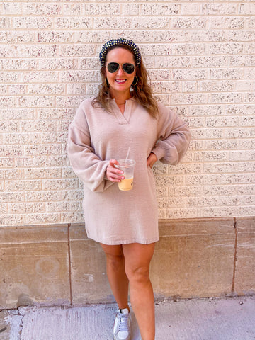 LONG SLEEVE COLLAR FUZZY SWEATER DRESS- TAUPE-K. Ellis Boutique