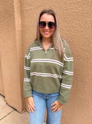 Olive Grove Stripe Half Zip Sweater-Sweater-K. Ellis Boutique