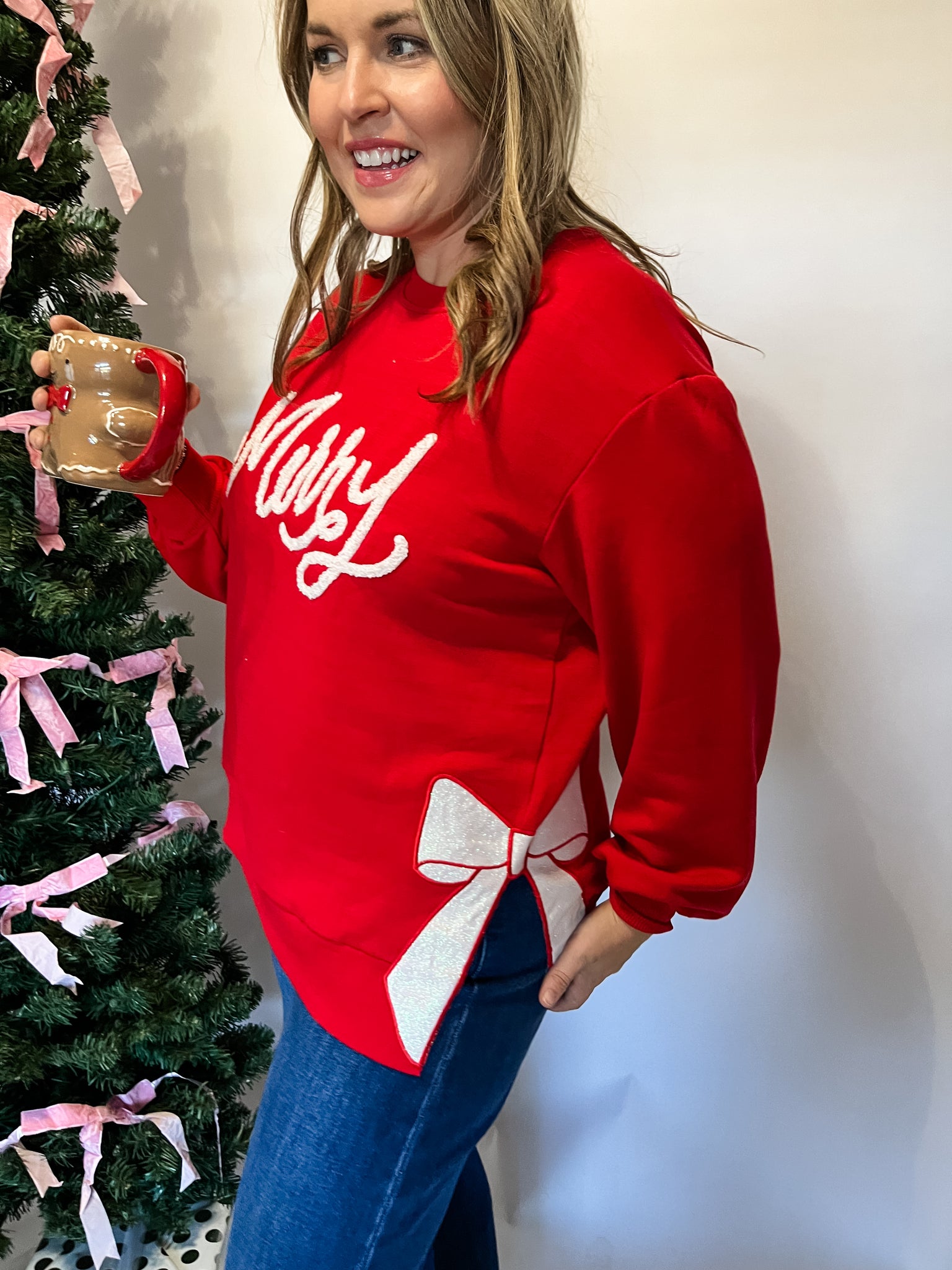 Lakelyn Merry Bow Sweatshirt- Red-K. Ellis Boutique