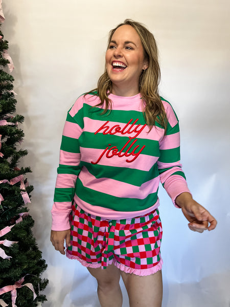 Holly Jolly" Striped Classic Sweatshirt, Pink-K. Ellis Boutique