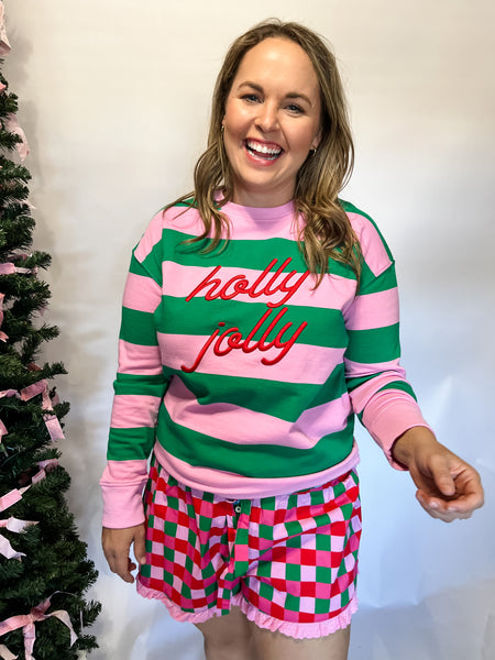Holly Jolly" Striped Classic Sweatshirt, Pink-K. Ellis Boutique