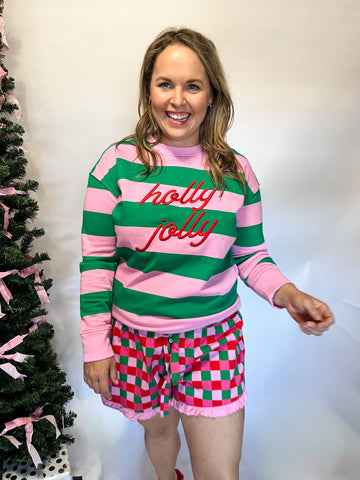 Holly Jolly" Striped Classic Sweatshirt, Pink-K. Ellis Boutique