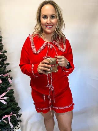 Gingham Ruffle Velvet Pajama Set- Red-K. Ellis Boutique