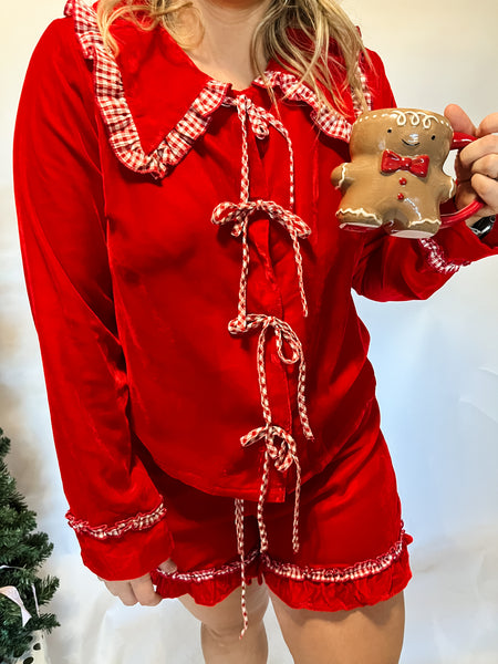 Gingham Ruffle Velvet Pajama Set- Red-K. Ellis Boutique