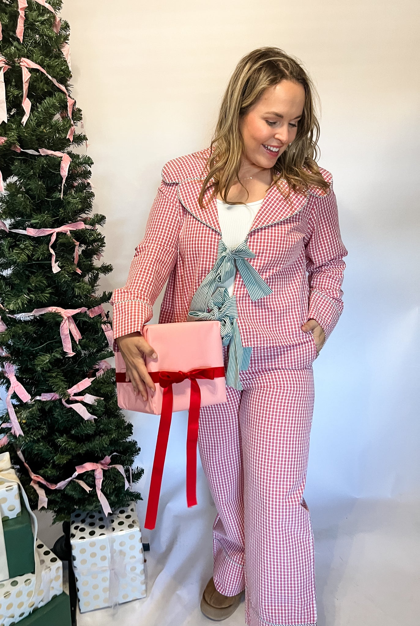 Gingham Checkered Plaid Sailor Collar Open Bow Pajama Set- Red/Green-K. Ellis Boutique