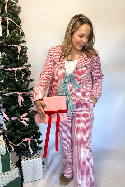 Gingham Checkered Plaid Sailor Collar Open Bow Pajama Set- Red/Green-K. Ellis Boutique