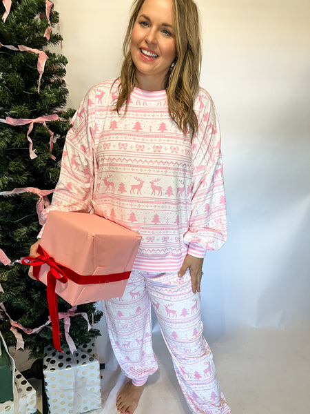 Pink Christmas Print Lounge Set- Pink & White-K. Ellis Boutique