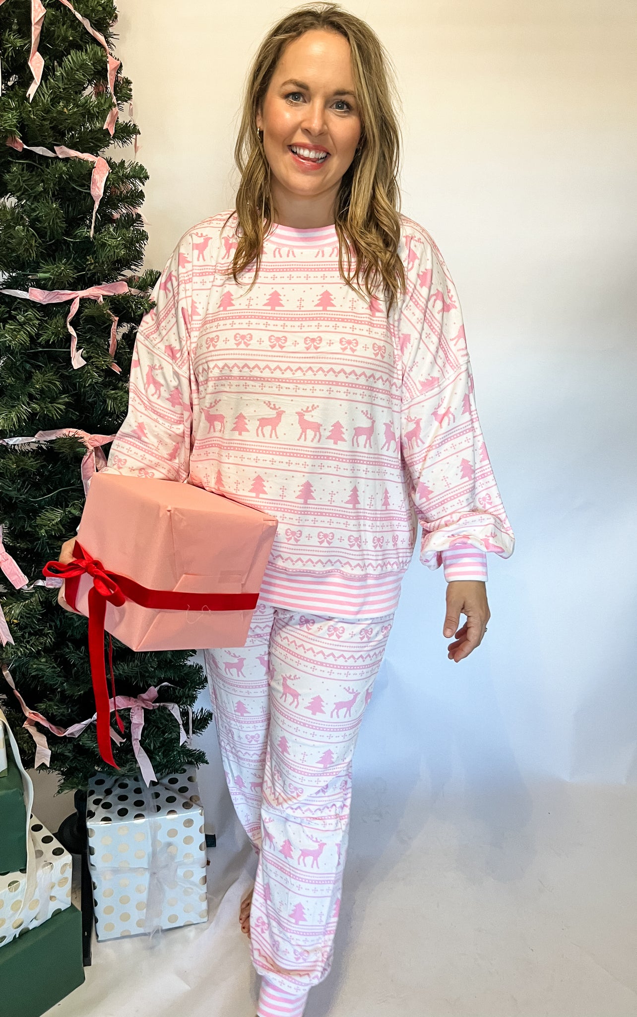 Pink Christmas Print Lounge Set- Pink & White-K. Ellis Boutique