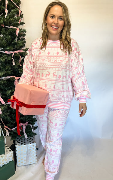 Pink Christmas Print Lounge Set- Pink & White-K. Ellis Boutique