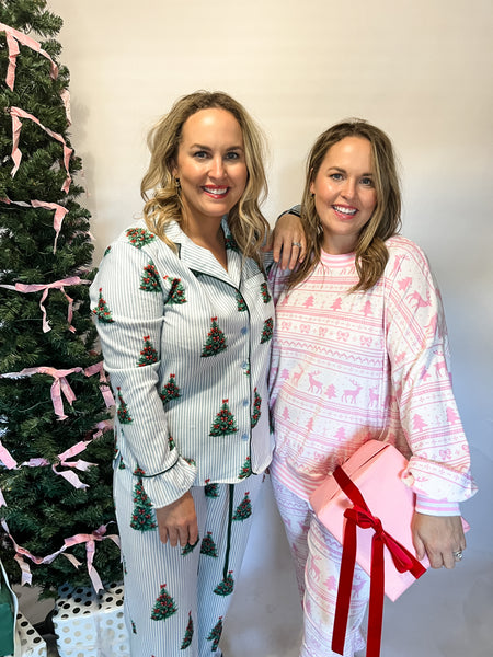 Christmas Tree Printed & Pipping Pajamas- Light Blue/Hunter Green-K. Ellis Boutique