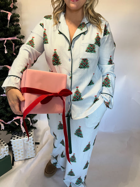 Christmas Tree Printed & Pipping Pajamas- Light Blue/Hunter Green-K. Ellis Boutique