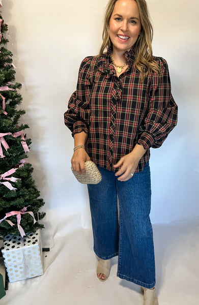 Tartan Plaid Long Sleeve Blouse- Dark Navy-K. Ellis Boutique