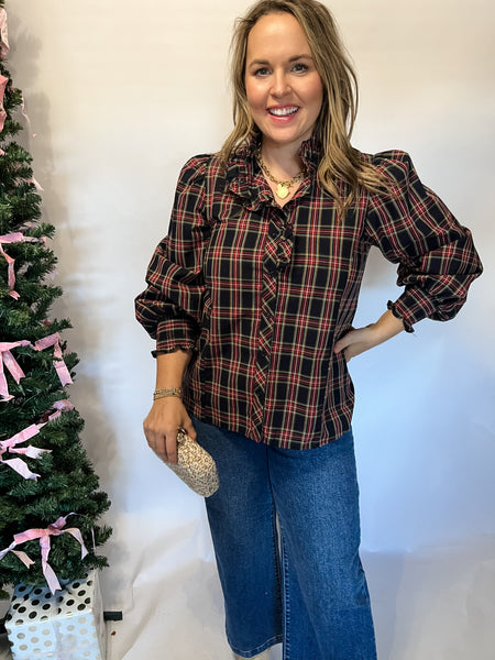 Tartan Plaid Long Sleeve Blouse- Dark Navy-K. Ellis Boutique