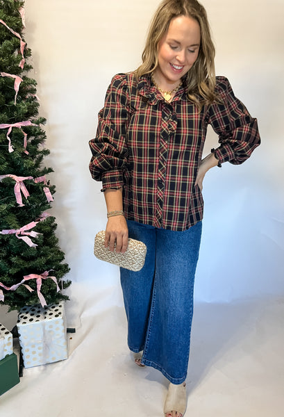 Tartan Plaid Long Sleeve Blouse- Dark Navy-K. Ellis Boutique