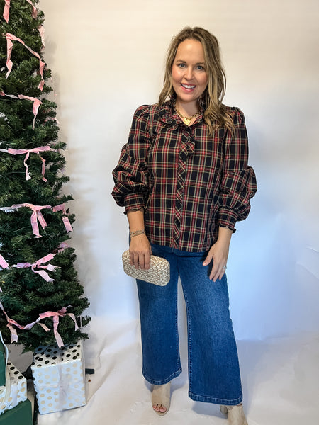 Tartan Plaid Long Sleeve Blouse- Dark Navy-K. Ellis Boutique