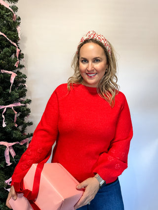 Floral Knit Puff Sleeve Sweater- Red-K. Ellis Boutique