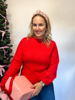 Floral Knit Puff Sleeve Sweater- Red-K. Ellis Boutique