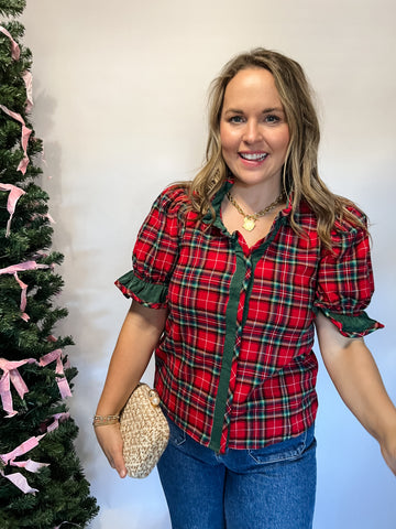 Tartan Ruffle Hem Top- Red-K. Ellis Boutique