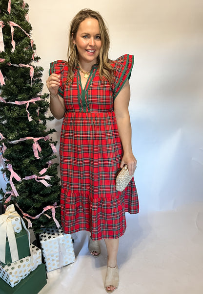 Plaid Flutter Sleeve Midi- Red-K. Ellis Boutique