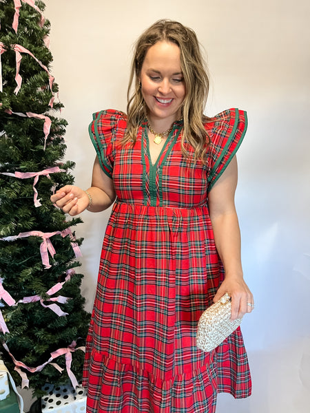 Plaid Flutter Sleeve Midi- Red-K. Ellis Boutique