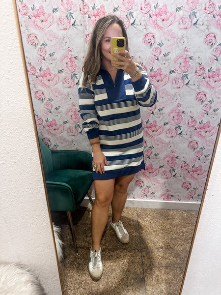 Striped Quarter Zip Dress- Navy-K. Ellis Boutique