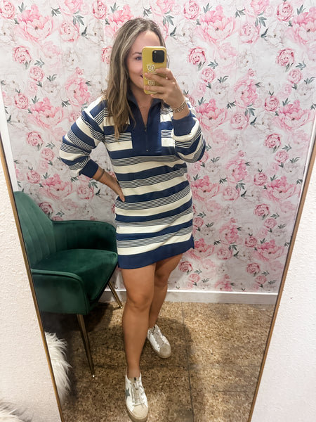 Striped Quarter Zip Dress- Navy-K. Ellis Boutique
