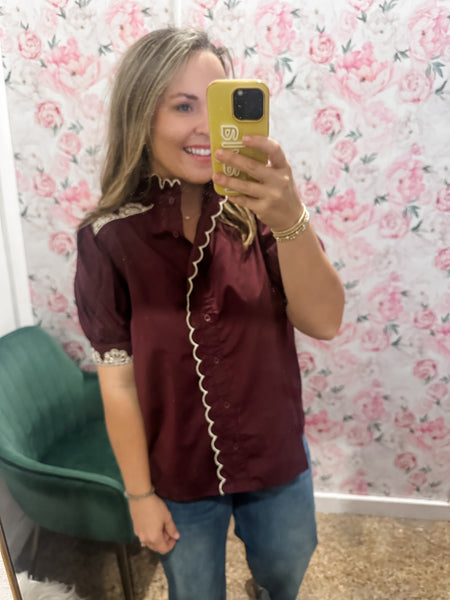 Embroidered Detail Puff Sleeve Top- Wine-K. Ellis Boutique