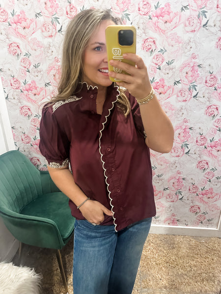 Embroidered Detail Puff Sleeve Top- Wine-K. Ellis Boutique