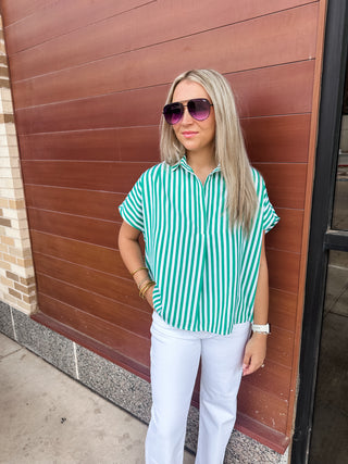 Stripe Vneck Collar Signature Top - Green-Karlie-Short Sleeve Top-K. Ellis Boutique