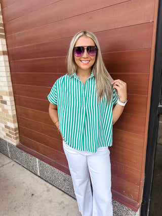 Stripe Vneck Collar Signature Top - Green-Karlie-Short Sleeve Top-K. Ellis Boutique