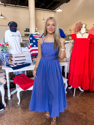 Laeila Striped Midi Dress- Electric Blue- FRNCH-Midi/Maxi Dress-K. Ellis Boutique