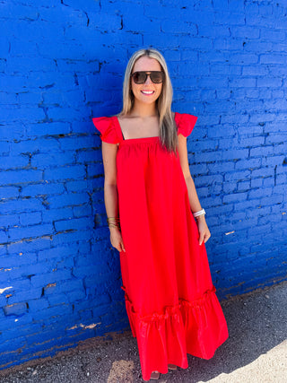 Ruffle Cap Sleeve Midi Dress- Red-Midi/Maxi Dress-K. Ellis Boutique