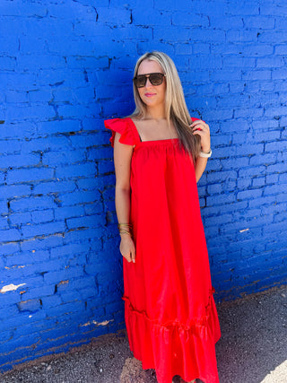 Ruffle Cap Sleeve Midi Dress- Red-Midi/Maxi Dress-K. Ellis Boutique
