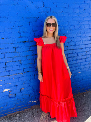 Ruffle Cap Sleeve Midi Dress- Red-Midi/Maxi Dress-K. Ellis Boutique